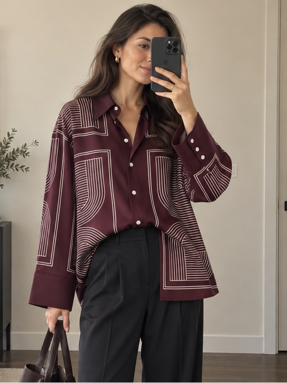 H&M Burgundy Geometric Print Oversized Twill Button-Up Shirt XS